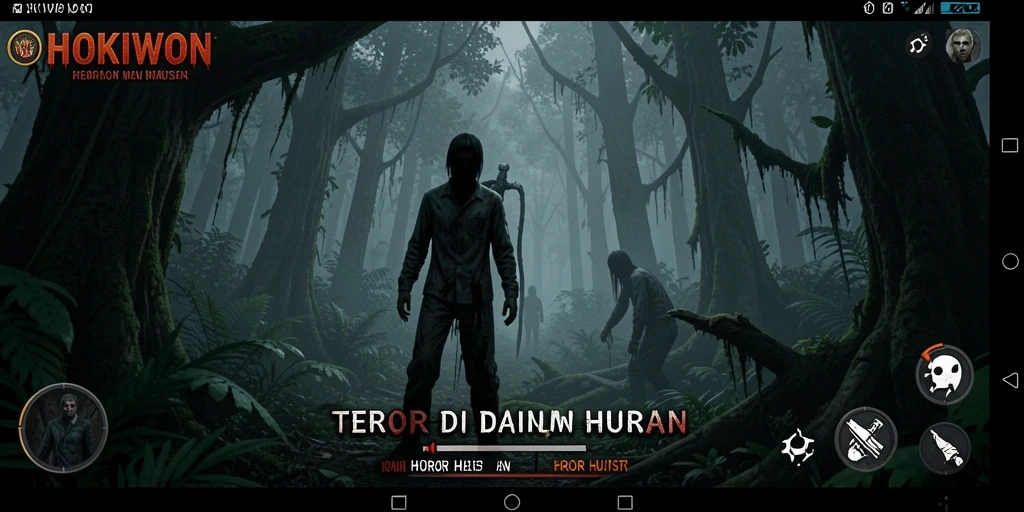 Tampilan antarmuka game horor HOKIWON di tengah hutan gelap.