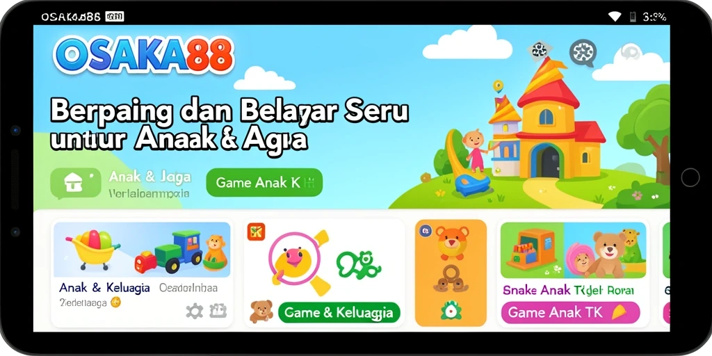 Antarmuka aplikasi OSAKA88 yang ramah anak dengan permainan edukatif.