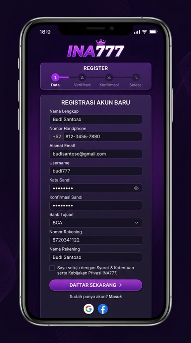 Tampilan halaman daftar ina777